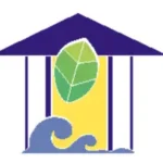 Green and blue house-shaped logo with a person figure inside
