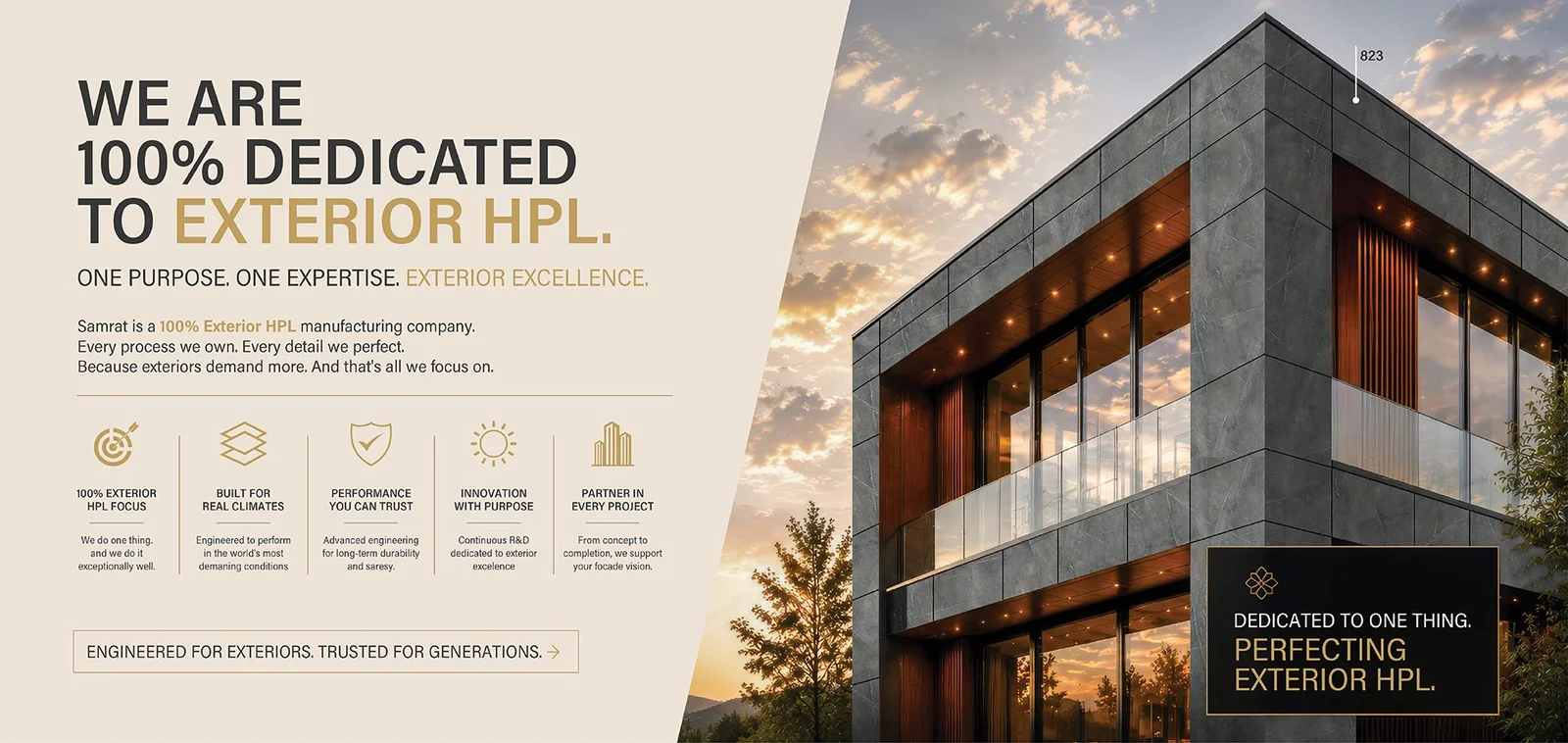 Samrat 100% Dedicated to Exterior HPL showcase banner with modern building facade cladding
