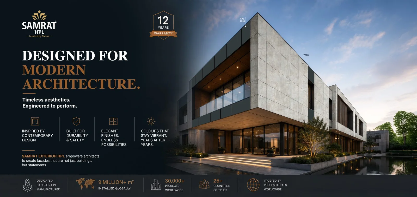 Samrat HPL banner showcasing modern architectural exterior wall cladding with 12-year warranty