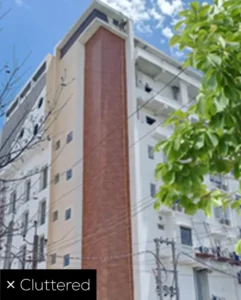 Cluttered building facade showing an inconsistent exterior design
