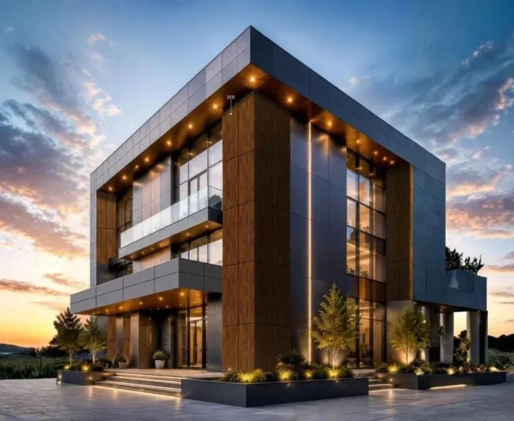 Modern commercial building with HPL cladding.