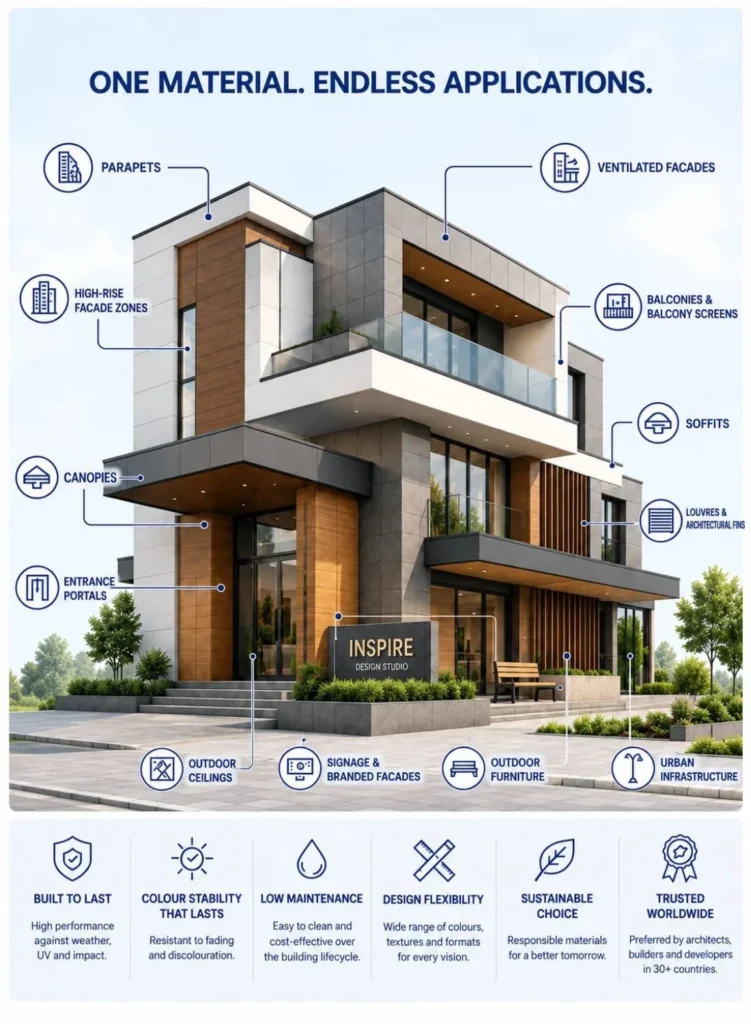 Modern architectural building featuring exterior HPL facade applications