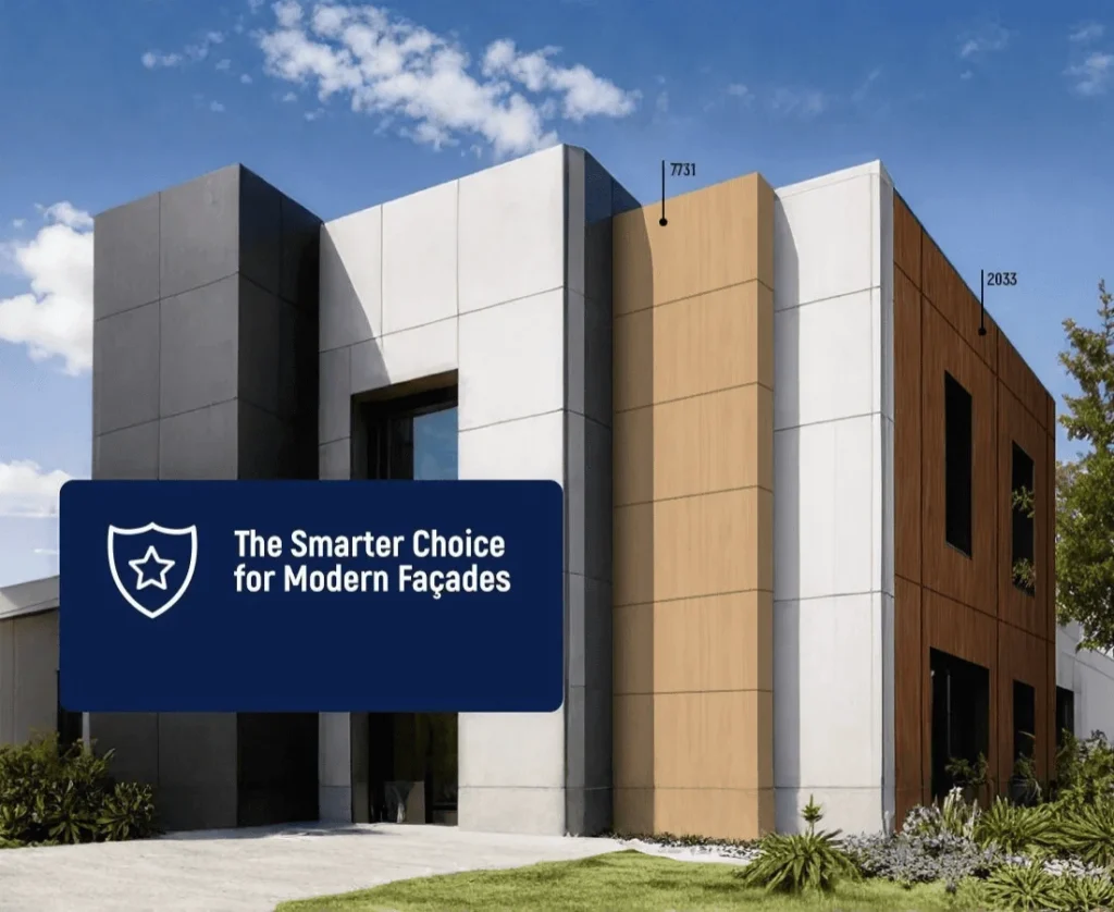 Modern exterior facade featuring HPL cladding panels