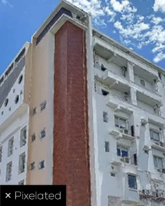 Pixelated building facade image illustrating poor image quality