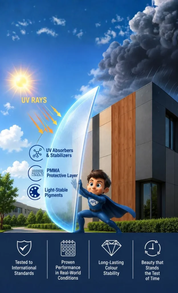 Exterior HPL UV protection technology